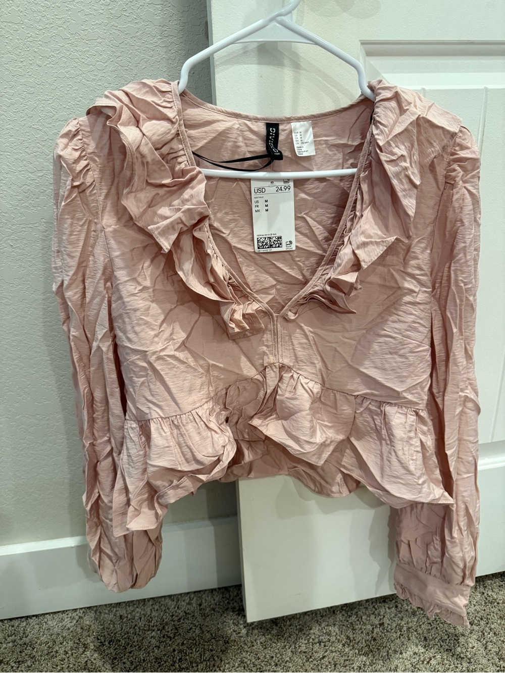 Zara Blush Ruffle V-Neck Long Sleeve Blouse